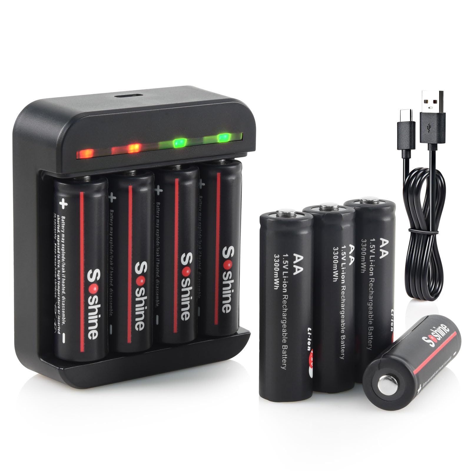 Rechargeable Lithium aa Batteries with Charger - Long Lasting 1.5v Rechargeable aa Batteries 3300mWh 8-Pack with 4 Bay Type C 2H Fast Charger