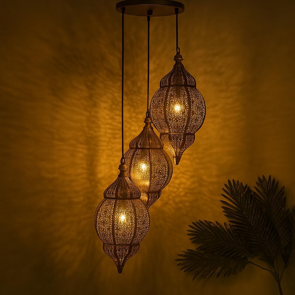 Homesake Round Cluster Chandelier Ceiling Antique Copper Classic Moroccan Orb Pendant Hanging Decoration Lights for Home Decor Items (Brown) - 3 Lights