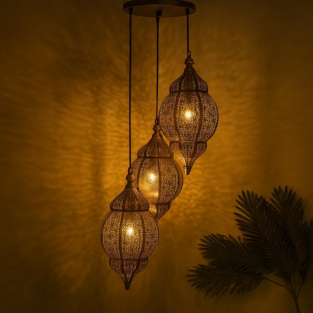Homesake Round Cluster Chandelier Ceiling Antique Copper Classic Moroccan Orb Pendant Hanging Decoration Lights for Home Decor Items (Brown) - 3 Lights