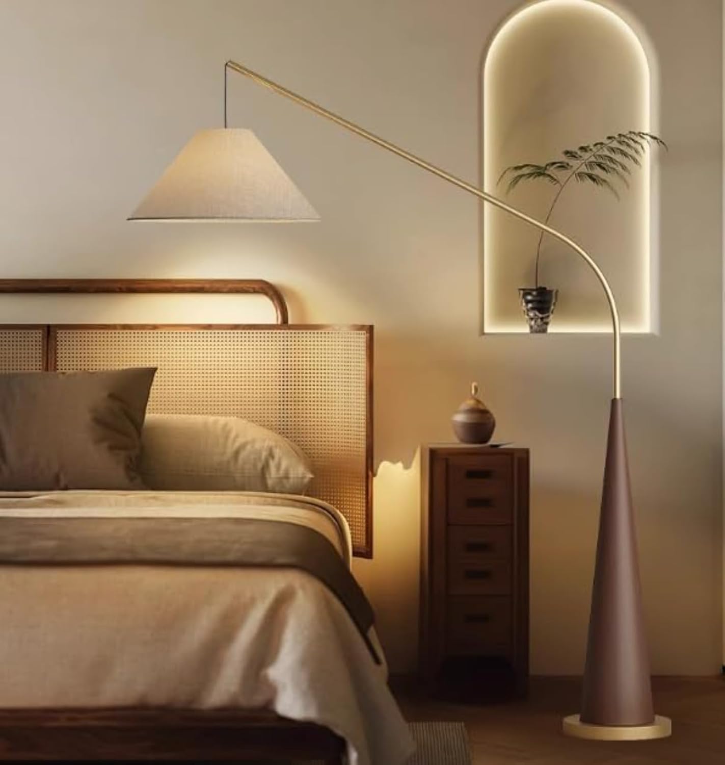 Floor Lamp Living Room Modern 3 Color Dimmable Corner Bright Arc Unique Funky Bedroom Curved Minimalist Skinny Art Deco Slim Metal Fishing Reading Office Standing Lamps (Walnut,H=78in) Walnut H=78in