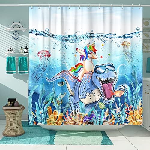 Funny Dinosaur Unicorn Shower Curtain,Blue Ocean Cute Animal Fish Turtle Coral,Fabric Bath Curtain for Bathroom,Waterproof Curtains for Bathroom,Shower Curtain with Hook,72"X72"