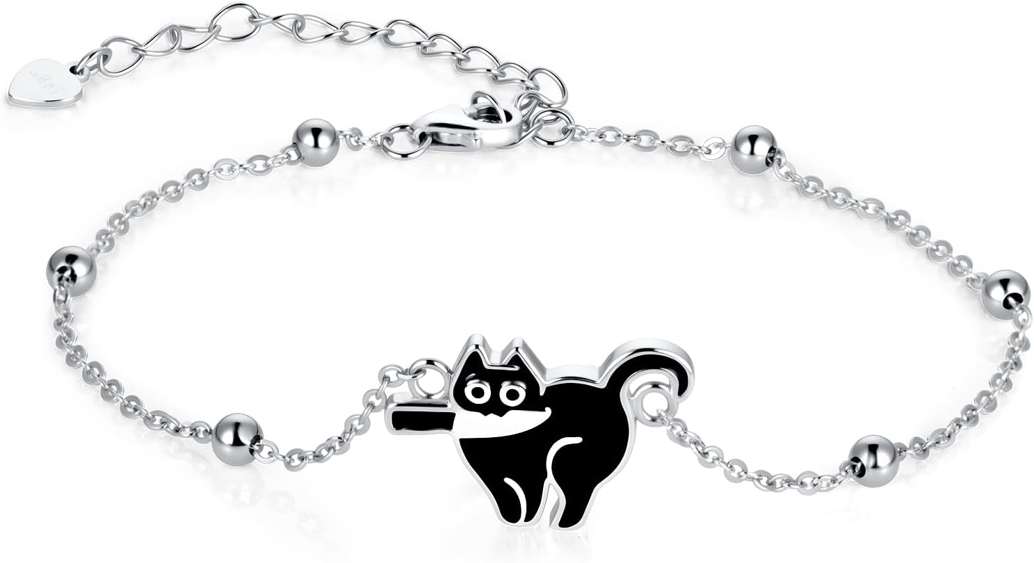 Black Cat Bracelet Gothic Jewelry 925 Sterling Silver Adjustable Cat Bracelet for Women Unique Gift for Halloween Birthday