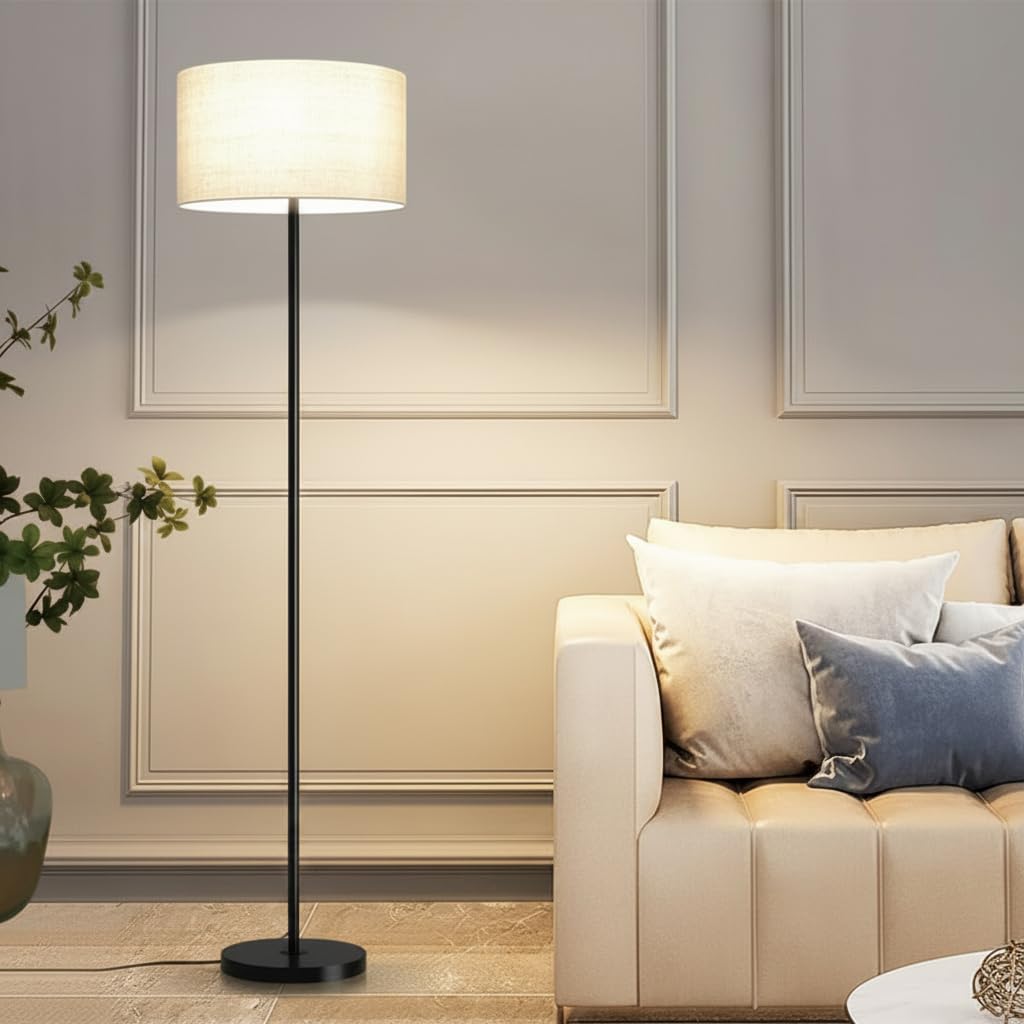 Minimalist LED Floor Lamp for Living Room - Modern Single Drum Fabric Shade Standing Light, Sleek Matte Black Stick Pole Lamp for Bedroom, Office & Reading, Neutral Japandi & Farmhouse Home Decor-image-2