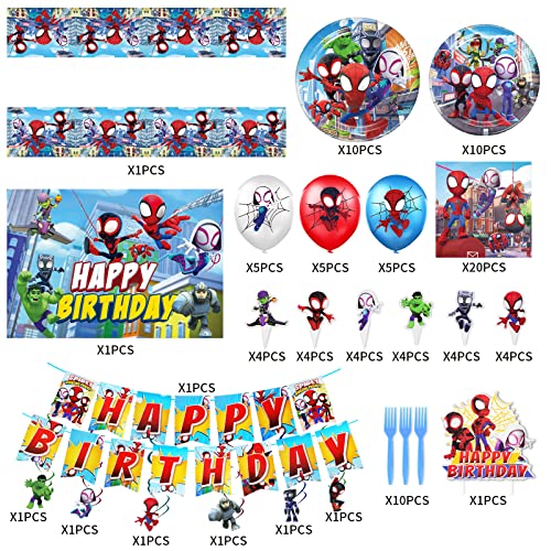 Superhero Birthday Party Supplies, Party Supplies For Kids Include Happy Birthday Banner, Background, Hanging Swirls Decorations, Balloons, Plates, Cutlery, Napkins, Cake Topper And Table Cover, Great Birthday And Baby Shower Tableware And Decorations Set #TOP2