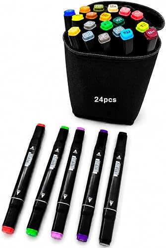 24 Colors Dual Tips Permanent Sketch Art Markers Pens Set, Alchohol Markers for Kids Adults Coloring,Painting, Sketching, Illustrations
