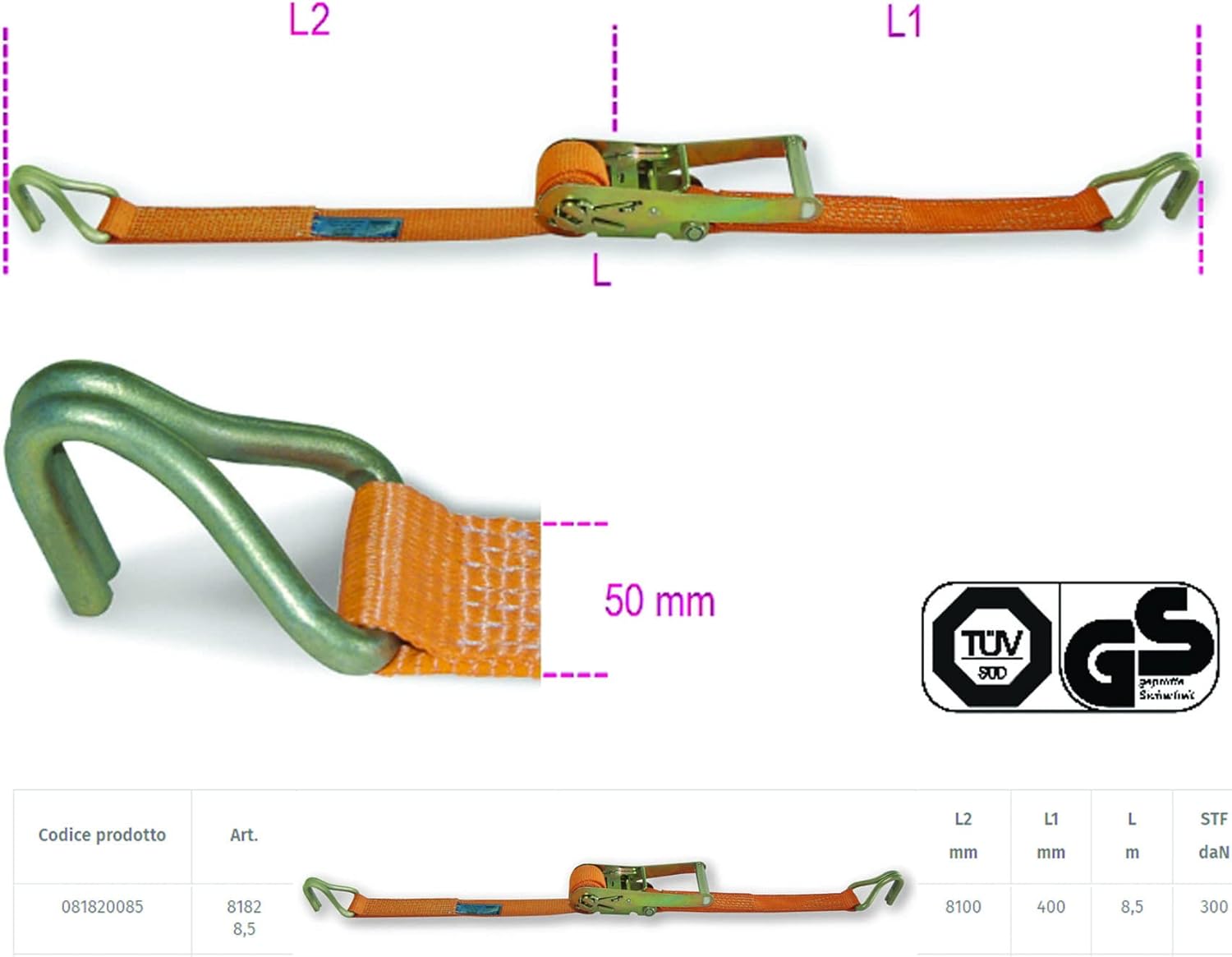 Beta 81820085 Model 8182 50-MT8.5 Ratchet Tie Down with Single Hook, LC 2000 kg, High-tenacity, Polyester Belt, 2000 kg, 50 mm x 8.5 m Size