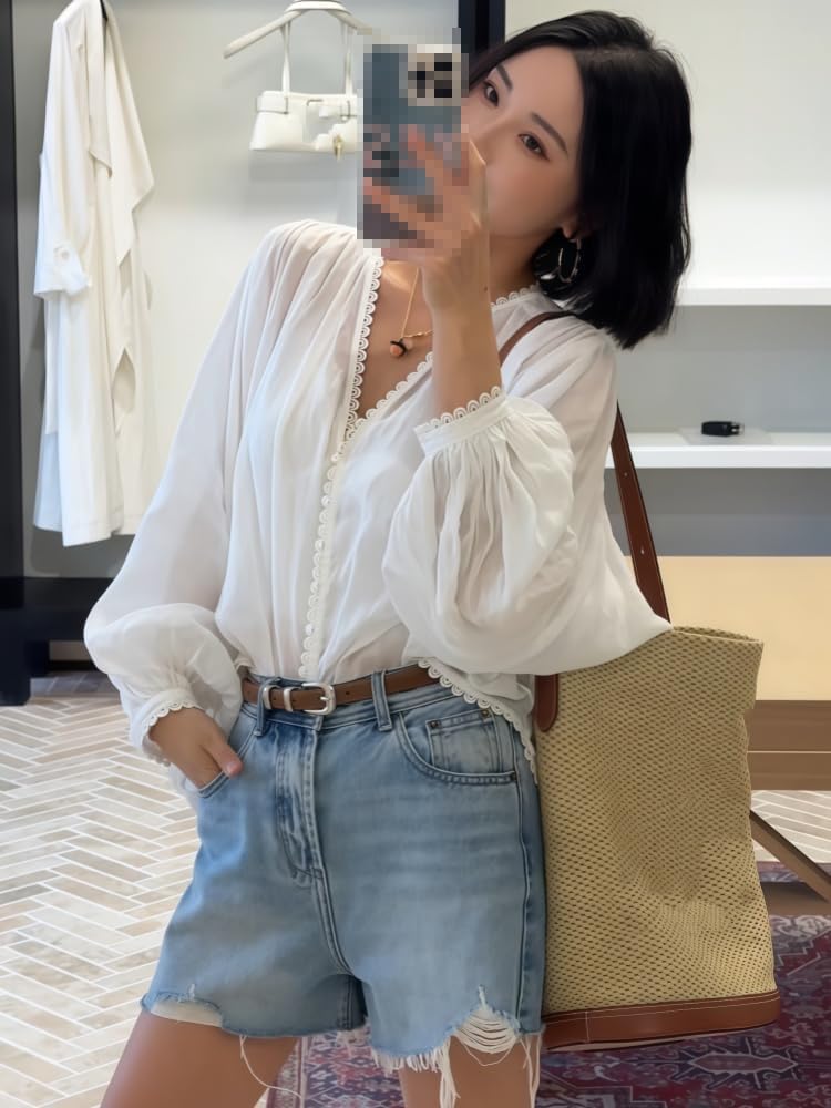 MAFSMJP Womens Long Sleeved Shirt White V-Neck Spring Fall Thin Blouse for Women