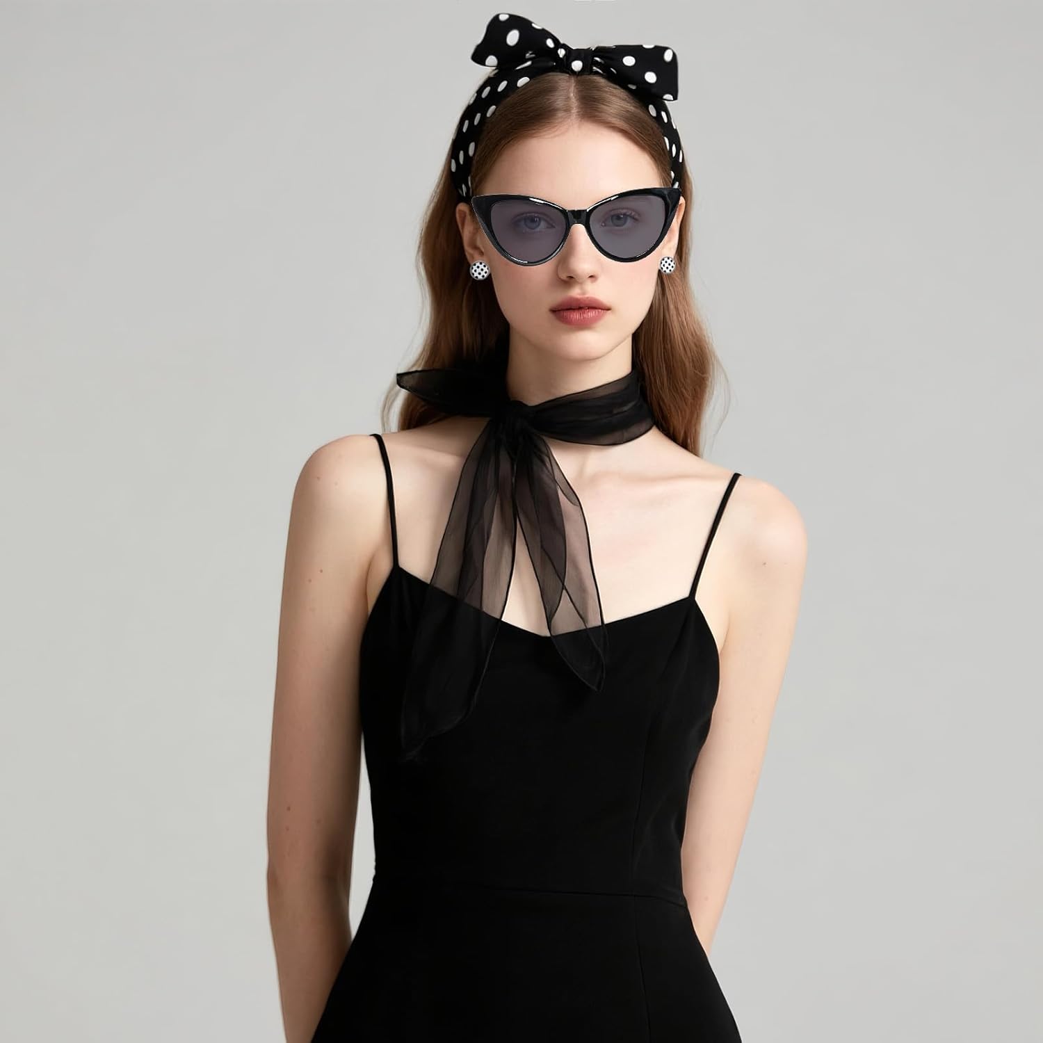 7 Pcs 50's Women Costume Accessories Set Glasses Scarf Bandana Headband Earrings Bracelet for Girls Party Halloween - Image 5