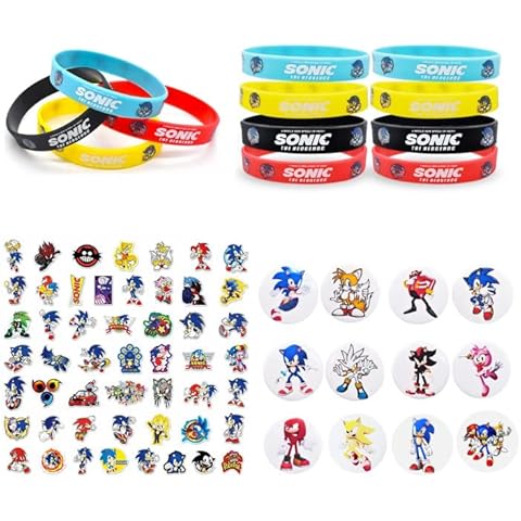 Sonic Birthday Party Favor for Children, 74 Pieces Tomicy Sonic Party Bag Children, Sonic Sticker Bracelets Badges, Sonic Children's Gifts, for Sonic Party Bags Children's Birthday Party Girls Boys Cover