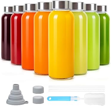 Sursip 10 oz Glass Juice Bottles, 8 Pack, Leakproof Stainless Lids | Reusable, Leak-Proof, BPA-Free, Dishwasher Safe, For Smoothies, Iced Tea & Milk