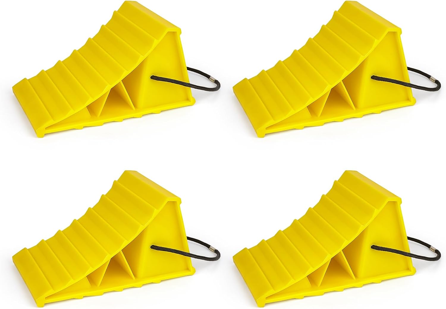Wheel Chocks with Rope, Heavy Duty Non-Slip Tire Chocks for Trailer Camper Truck Car, Bright Yellow Lightweight Wheel Blocks Fit Tires Up to 26", 4 Pack