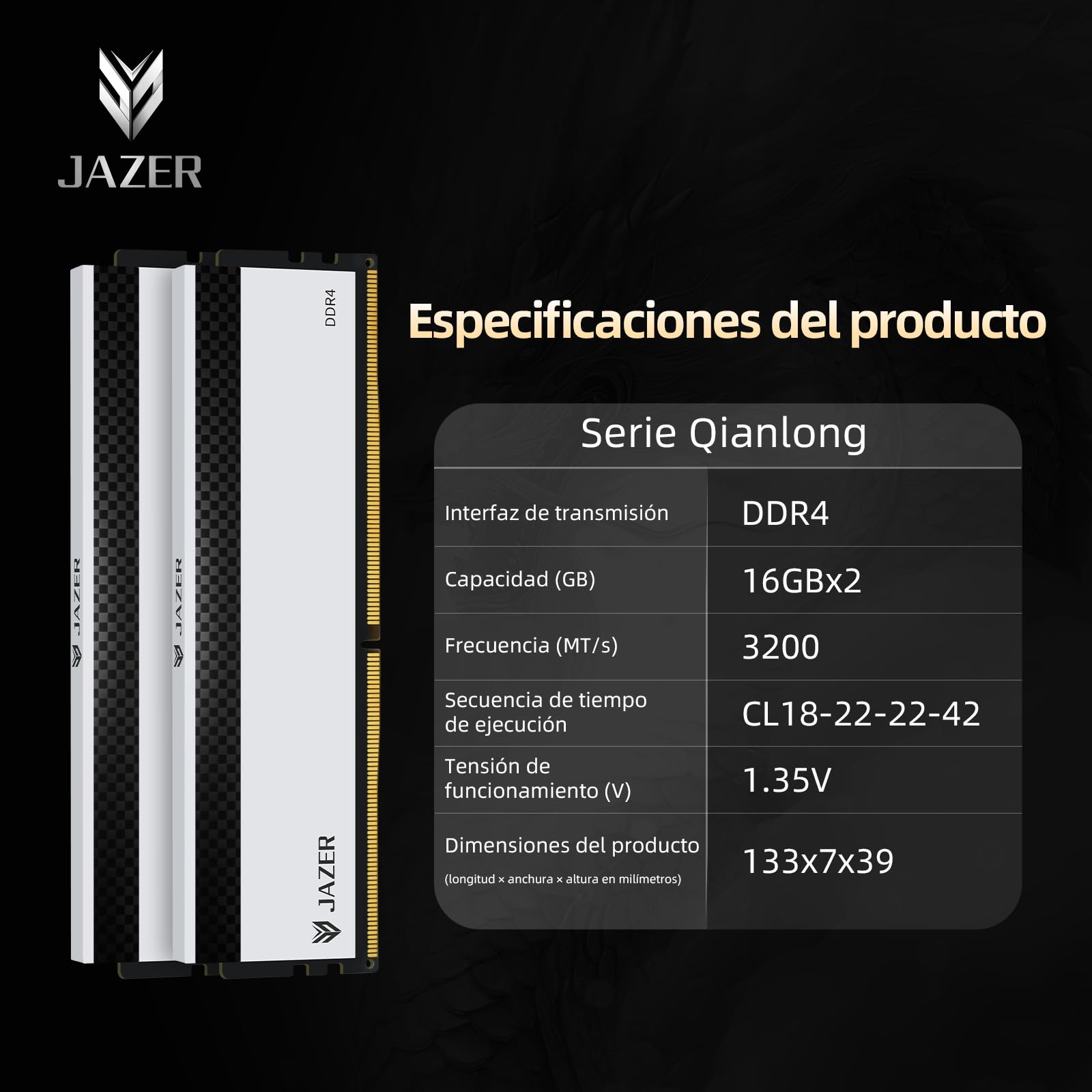 JAZER RAM DDR4 32GB (2x16GB) 3200MHz CL18 UDIMM Desktop | XMP 2.0 Overclocking, 1.35V, Alto Rendimiento Gaming, Memoria Speicher