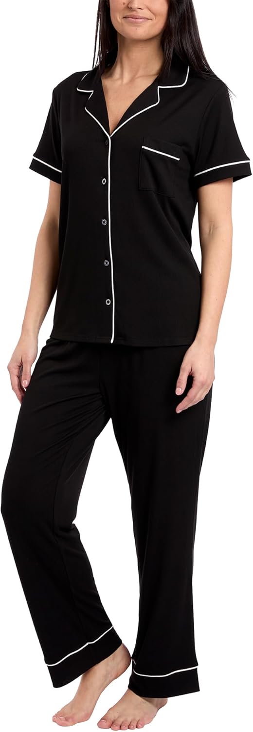 Nicole Miller New York Women's Pajamas 2 Piece Soft Ribbed Notch Collar Button Down PJ Set - Image 2