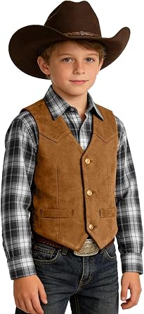 Retro Boys Vest Western Cowboy Vest for Kids Casual Suede Waistcoat | Leather dress vests, adjustable waist, welt pocket, slim fit, exquisite buttons, wedding party outfit, halloween festival