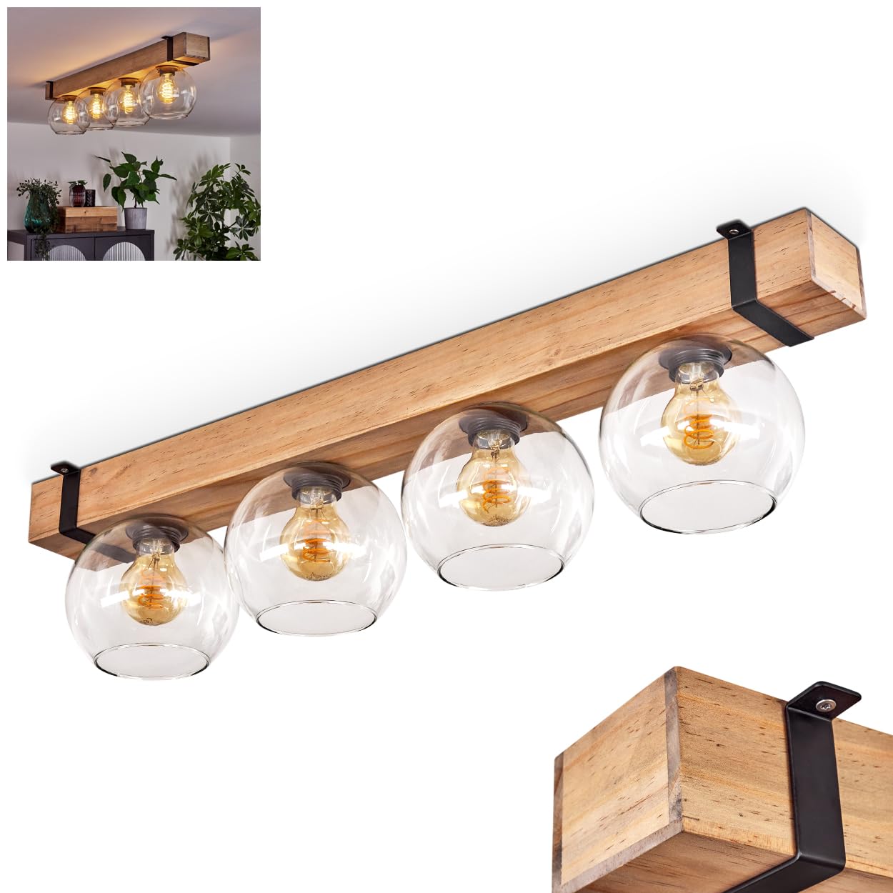 Hofstein Light/Black Montgomery Ceiling Ceiling Lamp Made Of Metal/Wood/Glass In Black/Natural Colour/Clear, Scandinavian Design With Wooden Beams (80 Cm) And Glass Globes (Ø 15 Cm), 4 X E27 Socket, Without Bulbs