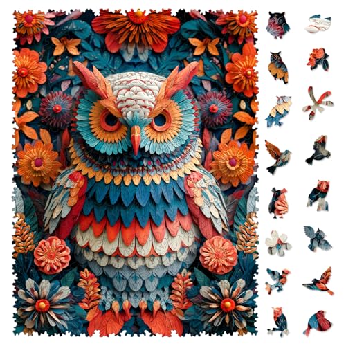 MEATRN Multicolored Owl Wooden Puzzles for Adults - 200 Pieces Natural Wood Jigsaw Puzzle, Laser-Cut
