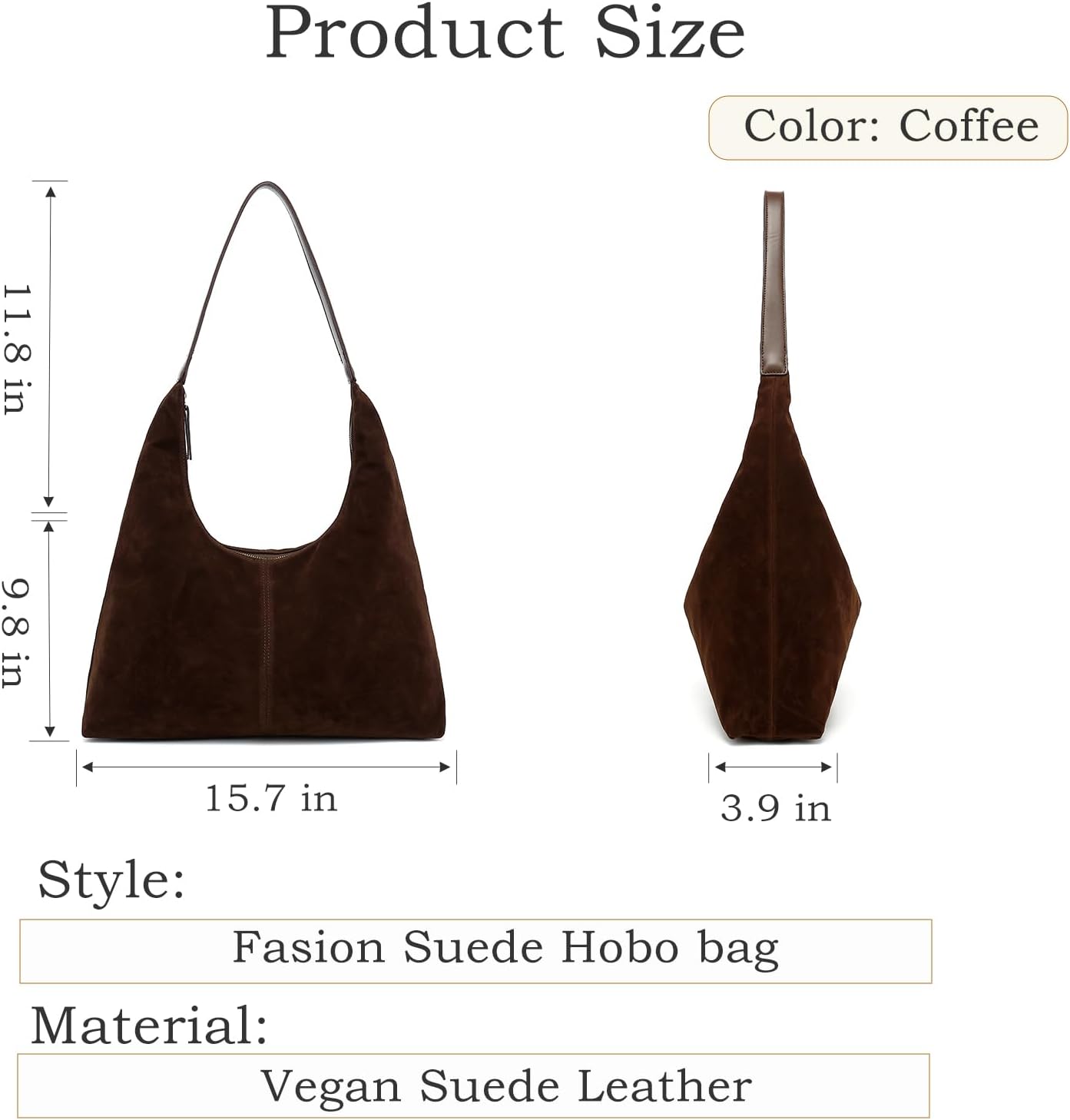 Suede Hobo Purse for Women, Large Capacity Shoulder Handbag Trendy Tote Bag with Zipper for Work Travel & Daily Use