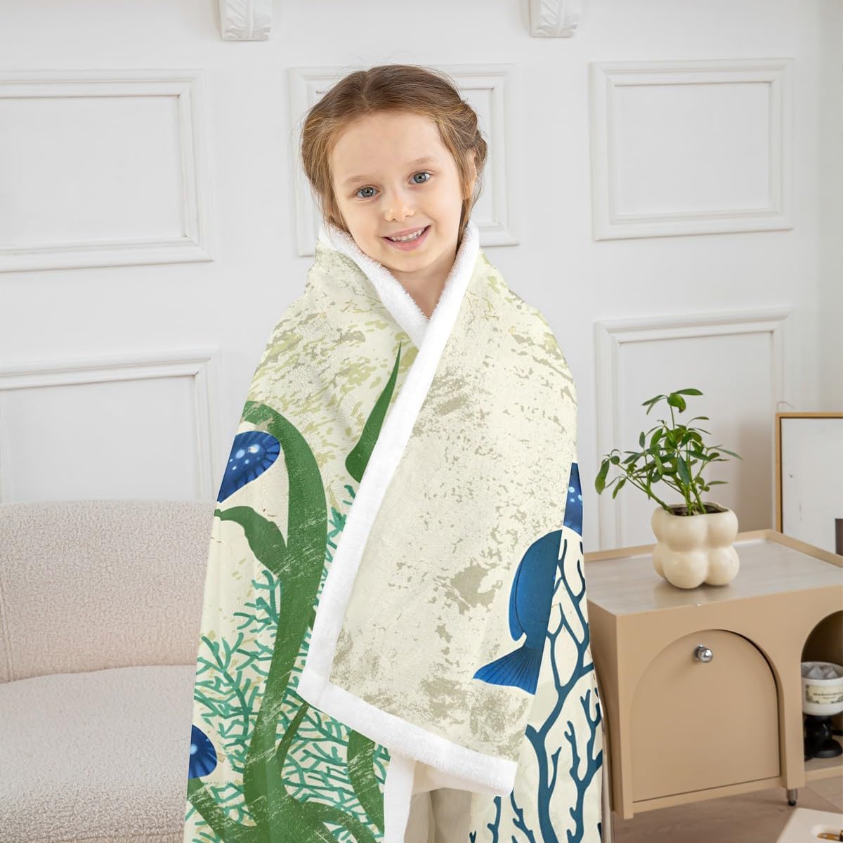 Starfish Beach Fleece Throw Blanket 40"x50" Kids Coastal Beach Ocean Plush Blanket for Bed Sofa Couch Coral Teal Blue Sherpa Blanket Breathable Ocean Marine Blue Green Fuzzy Blanket Room Decor