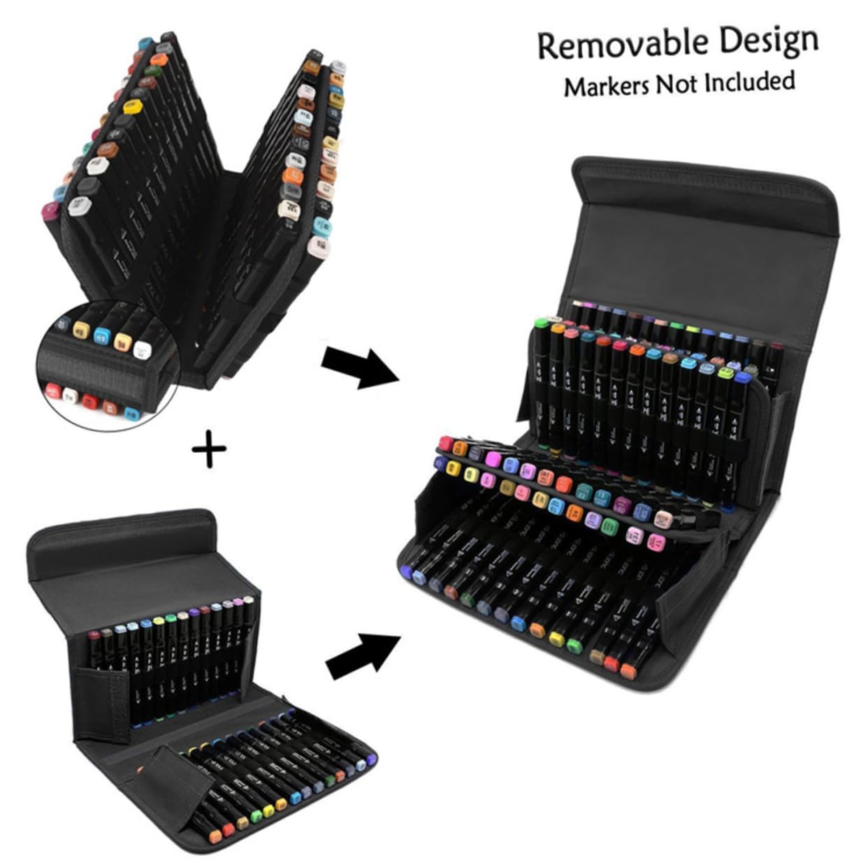 Hohopeti Custodia Portatile per 80 Slot Nero con Maniglia per Trasporto, Organizer per Pennarelli per Ufficio e Viaggi, Borsa da Stoccaggio Leggera e Multifunzione