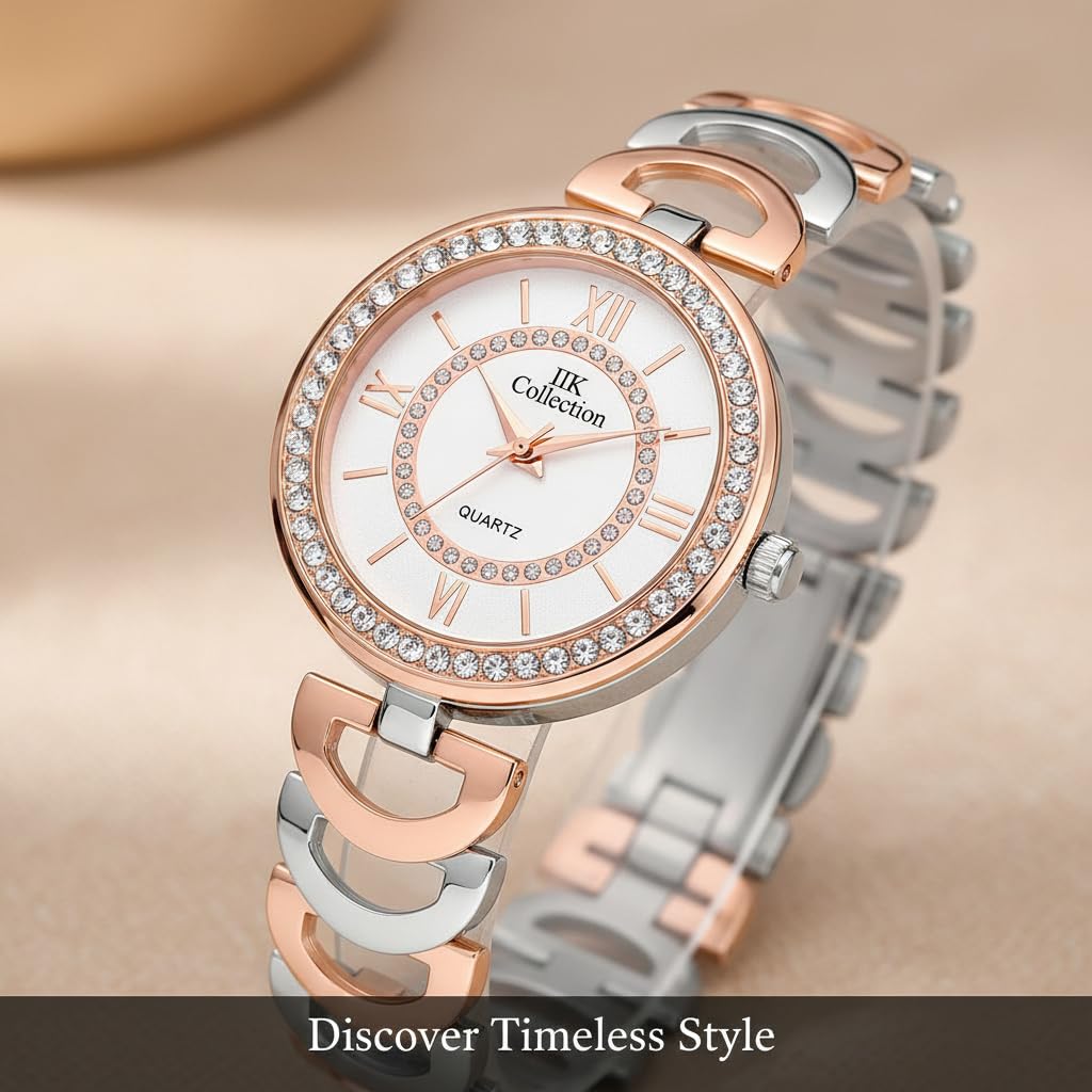 IIK COLLECTION Watches for Women Round Studded Dial |Analogue Quartz Movemnet Ladies Watch|Long Battery Life|Stainless Steel Adjustable Bracelet Chain Strap|Double Lock Clasp Safety Watches for Girls 3