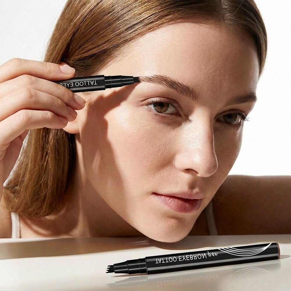 Microblading Eyebrow Pencil, 2026 Upgraded 4-Tip Waterproof Brow Pen, Precise Contouring for Natural Brows, User-Friendly for Beginners (Dark Brown)