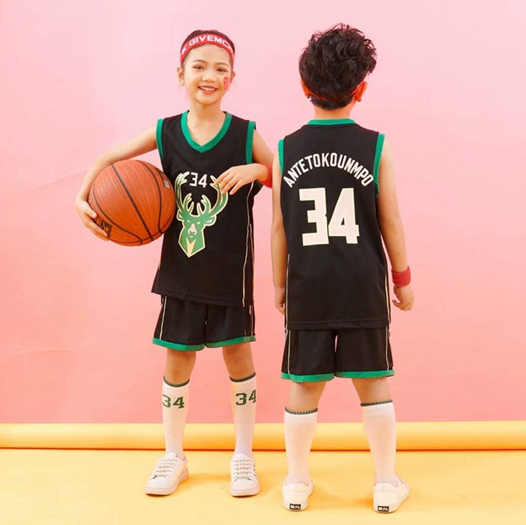 Disery Children's Jersey Milwaukee Bucks #34 Giannis Antetokounmpo Breathable Fabric Sleeveless Tank Top Shorts Basketball Suit Competition Training Clothes (130-200CM),L