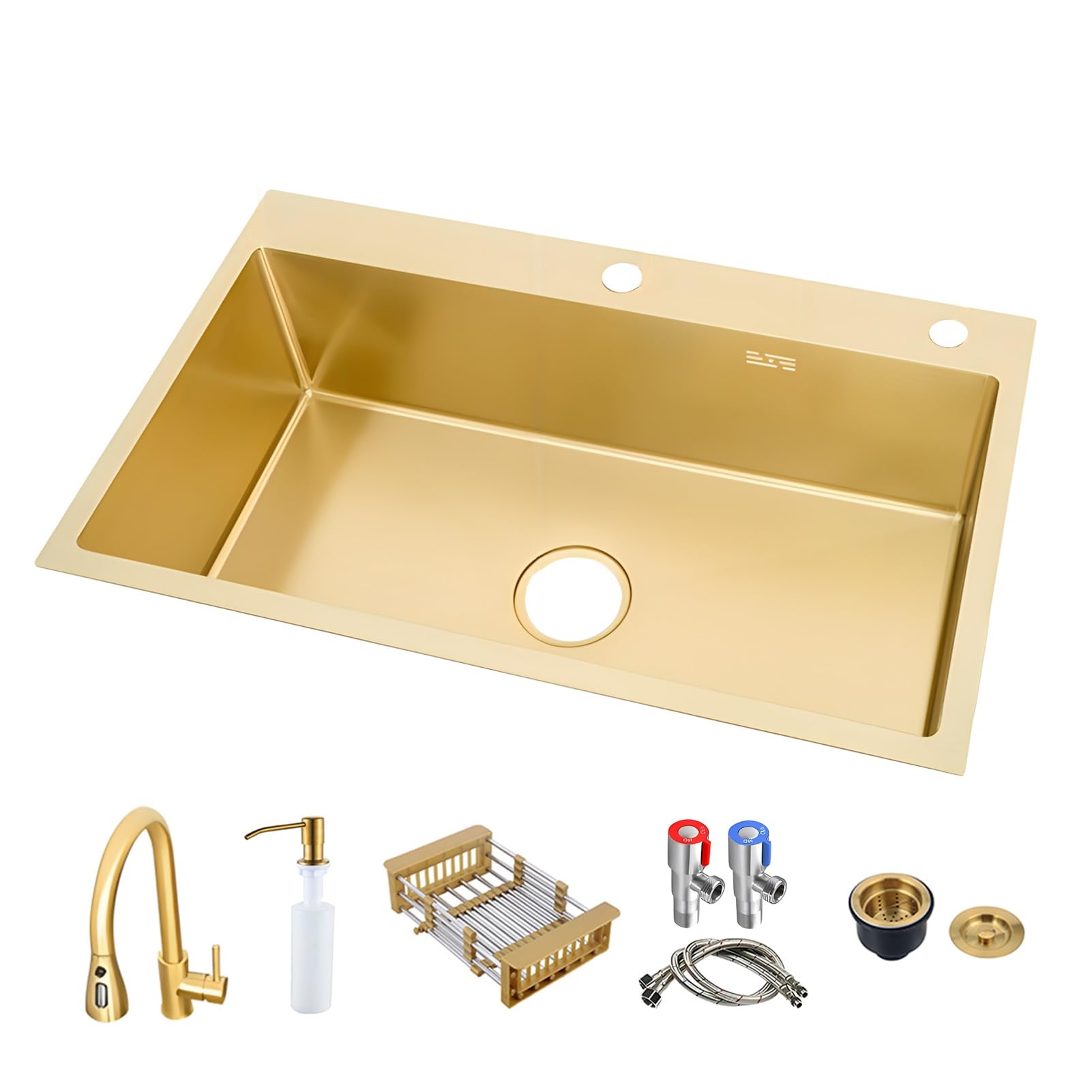 Évier de cuisine grand bac simple acier inoxydable doré 68x45 cm avec douchette
