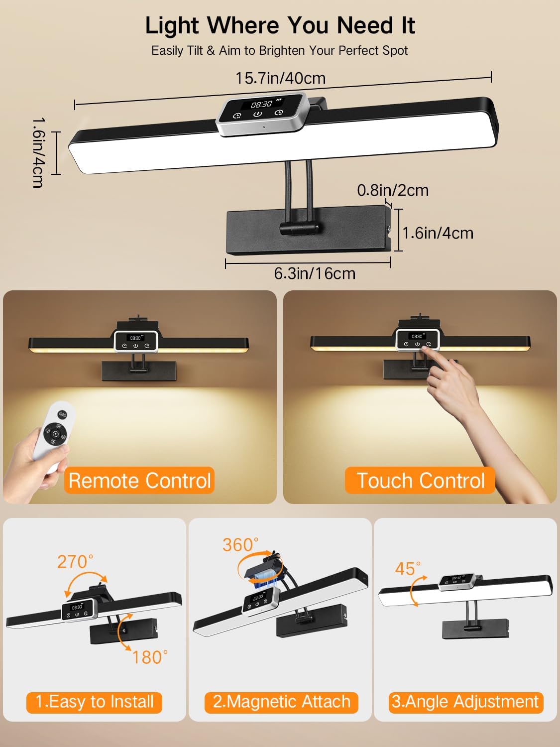 OUTON Rechargeable Picture Light with Remote & Touch, 15.7" Magnetic, Battery Operated, 3 Color Temperatures Dimmable, Clock, Timer, Memory, Power Indicator, Wireless Art Light for Wall, Black-2Pack
