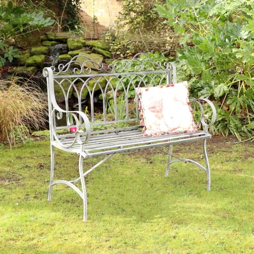 Melody Maison Ornate Distressed Grey Metal Garden Bench 98cm x 114cm