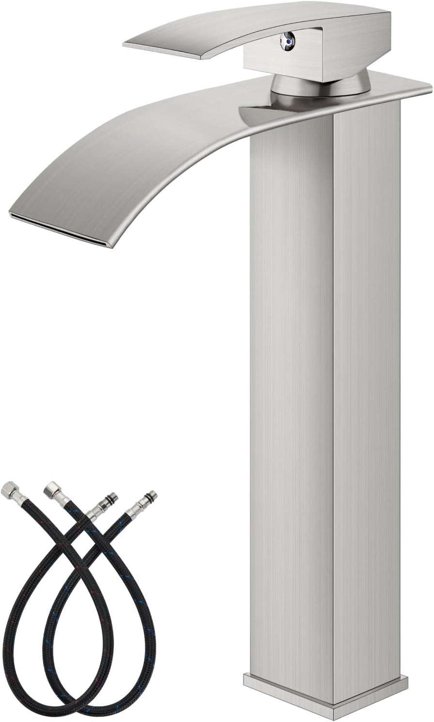 gotonovo Waterfall Tall Bathroom Faucet 1 Hole Single Handle Stainless Steel Vessel Sink Faucet with cUPC Hoses Modern Lavatory Mixer Tap, Brushed Nickel