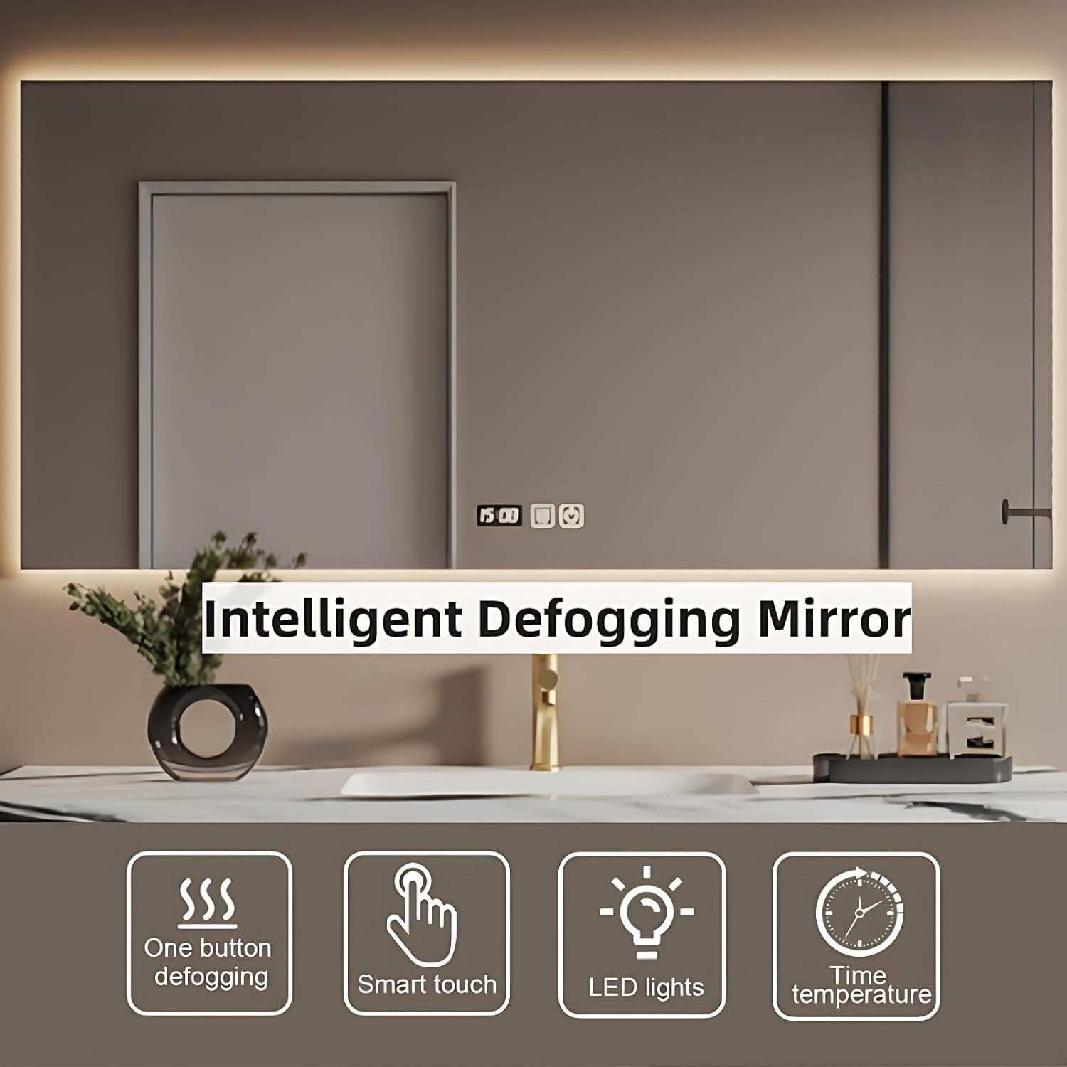 76IN Bathroom Vanity with Sink - Bathroom Vanity with Soft LED Light & Defogging & Time Display | Luxurious Integrated Basin with Golden Faucets, White