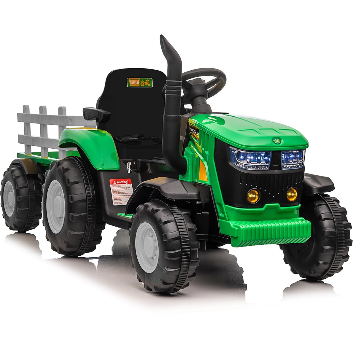 Trattore elettrico per bambini con rimorchio rimovibile doppio motore 35 W, auto elettrica 12 V a 6 pneumatici per bambini con telecomando, musica, 3 velocità, 7 LED, clacson (Verde)