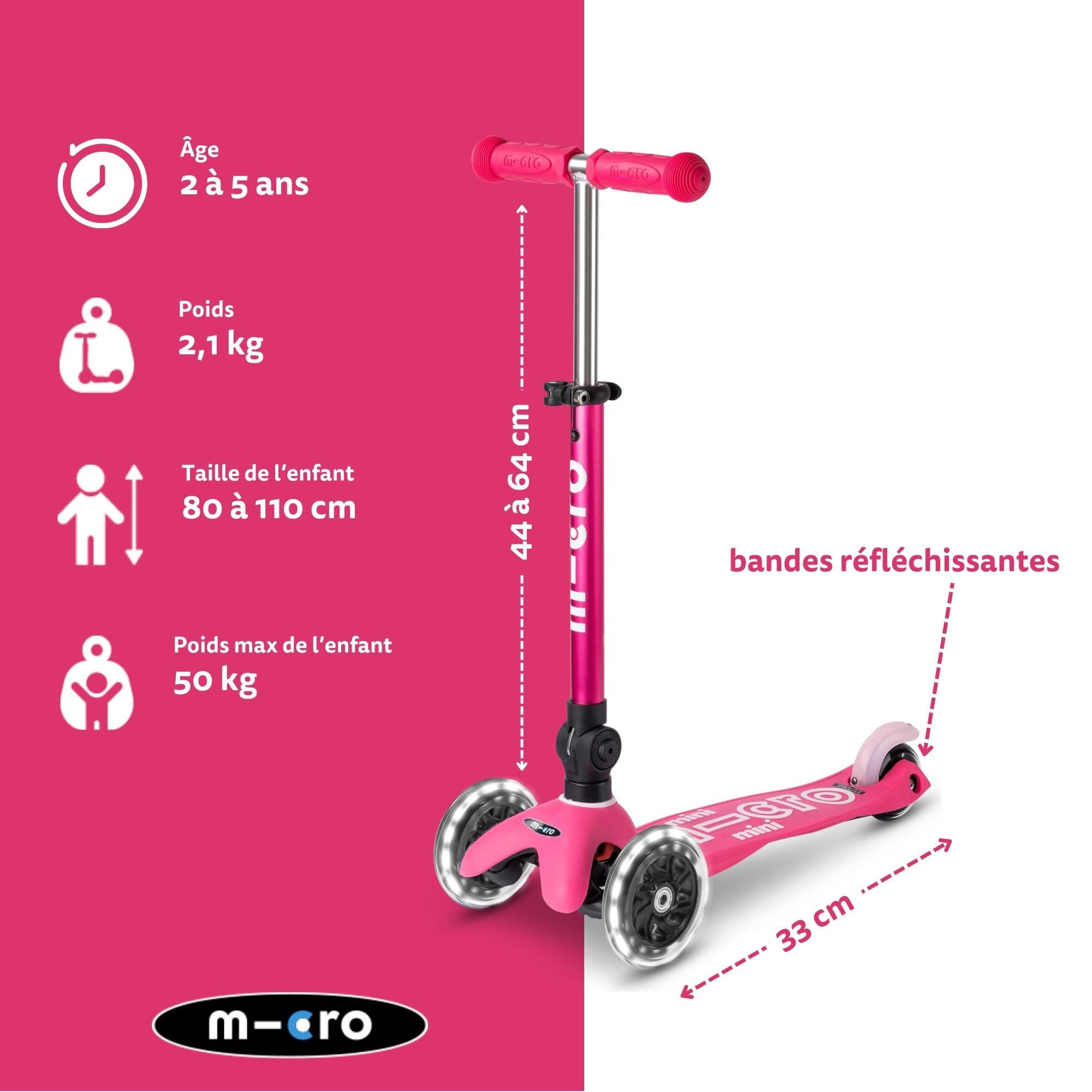 Micro, Mini Micro Deluxe Pliable LED, Trottinette Enfant 3 Roues, 2 à 5 Ans | Direction souple par transfert de poids, Guidon réglable au millimètre, Légère, Roues PU LED à induction, Swiss Design