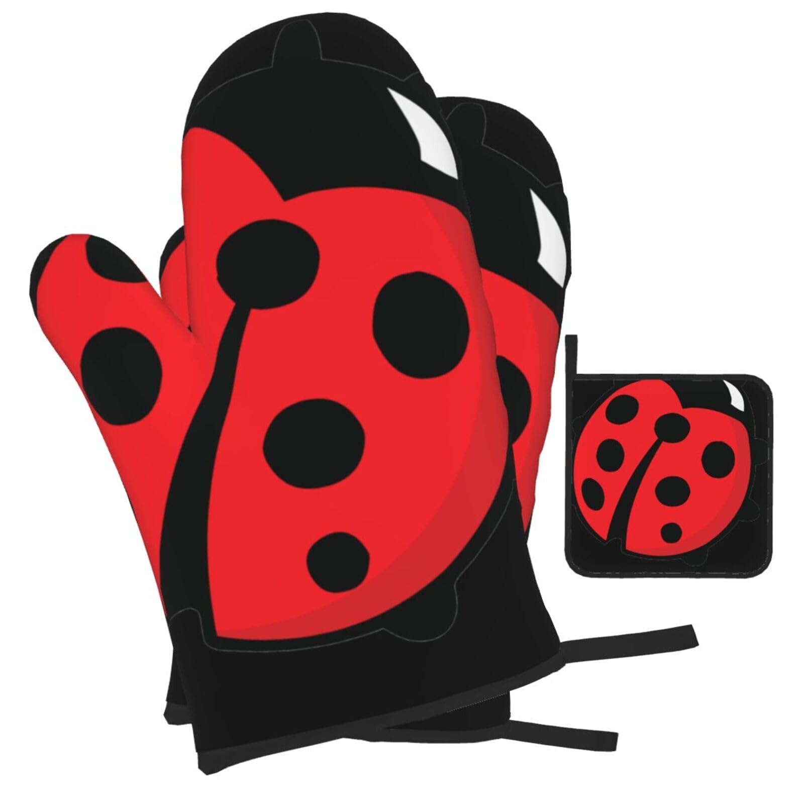 Cartoon Ladybug Printed Oven Mitts and Pot Holders Heat Resistant Set of 3 Pcs, Modern Kitchen Gloves & Potholders for Cooking Baking Grilling