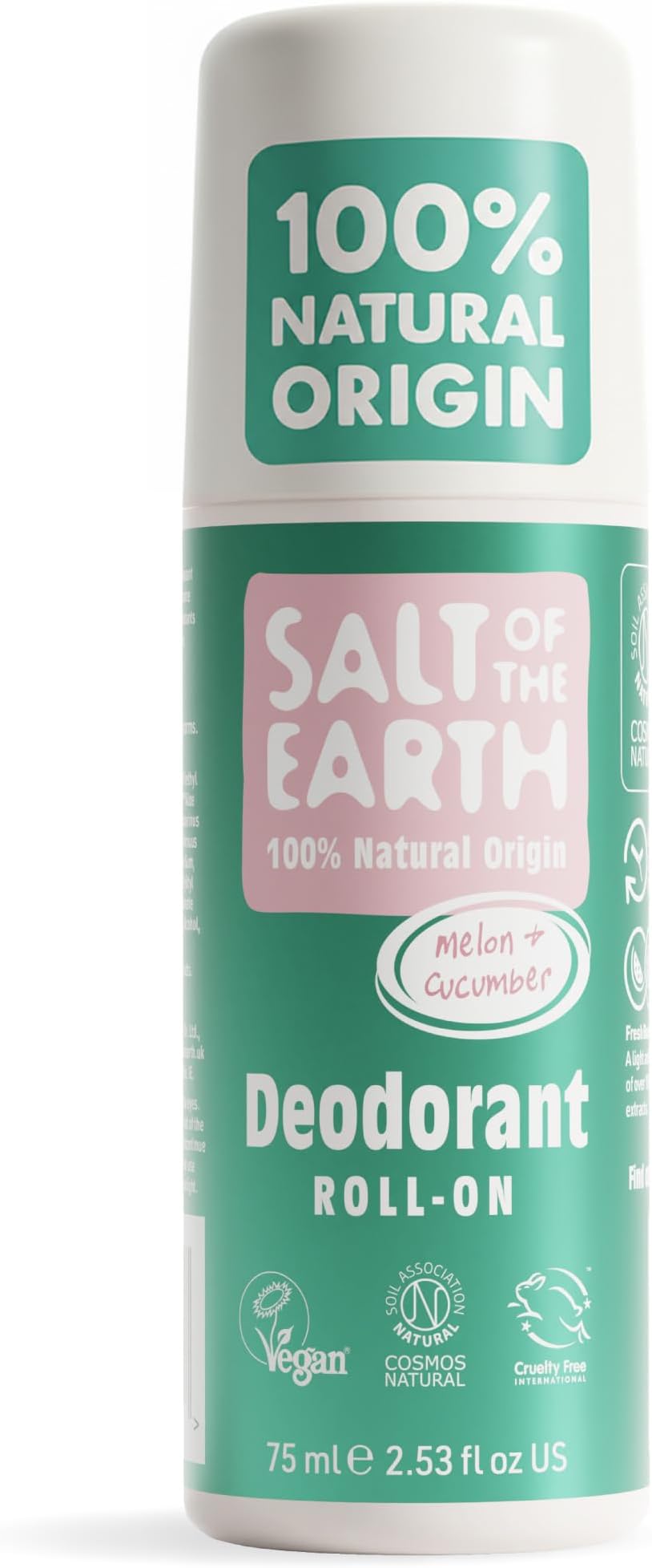 Salt of the Earth Natural Deodorant Roll On Melon & Cucumber - 100% Natural Ingredients, Effective Protection, Vegan & Cruelty Free. Suitable for Women, Men & Kids - 75ml