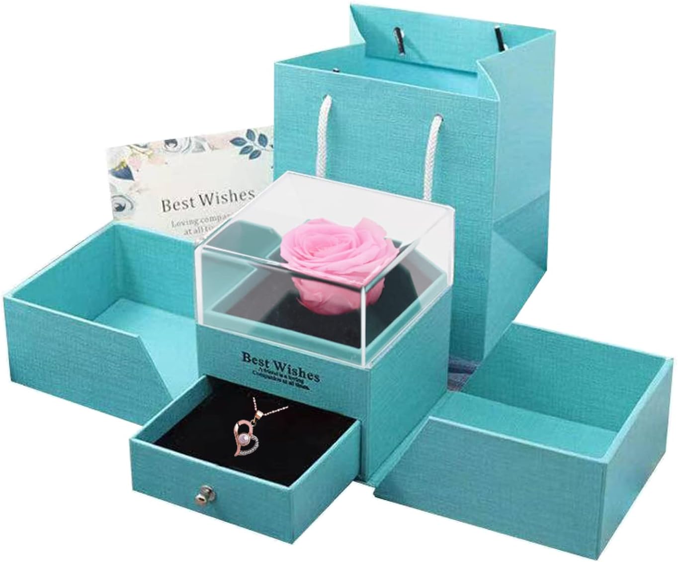 TeckeeTom Pink Everlasting Rose Necklace Gift Box,