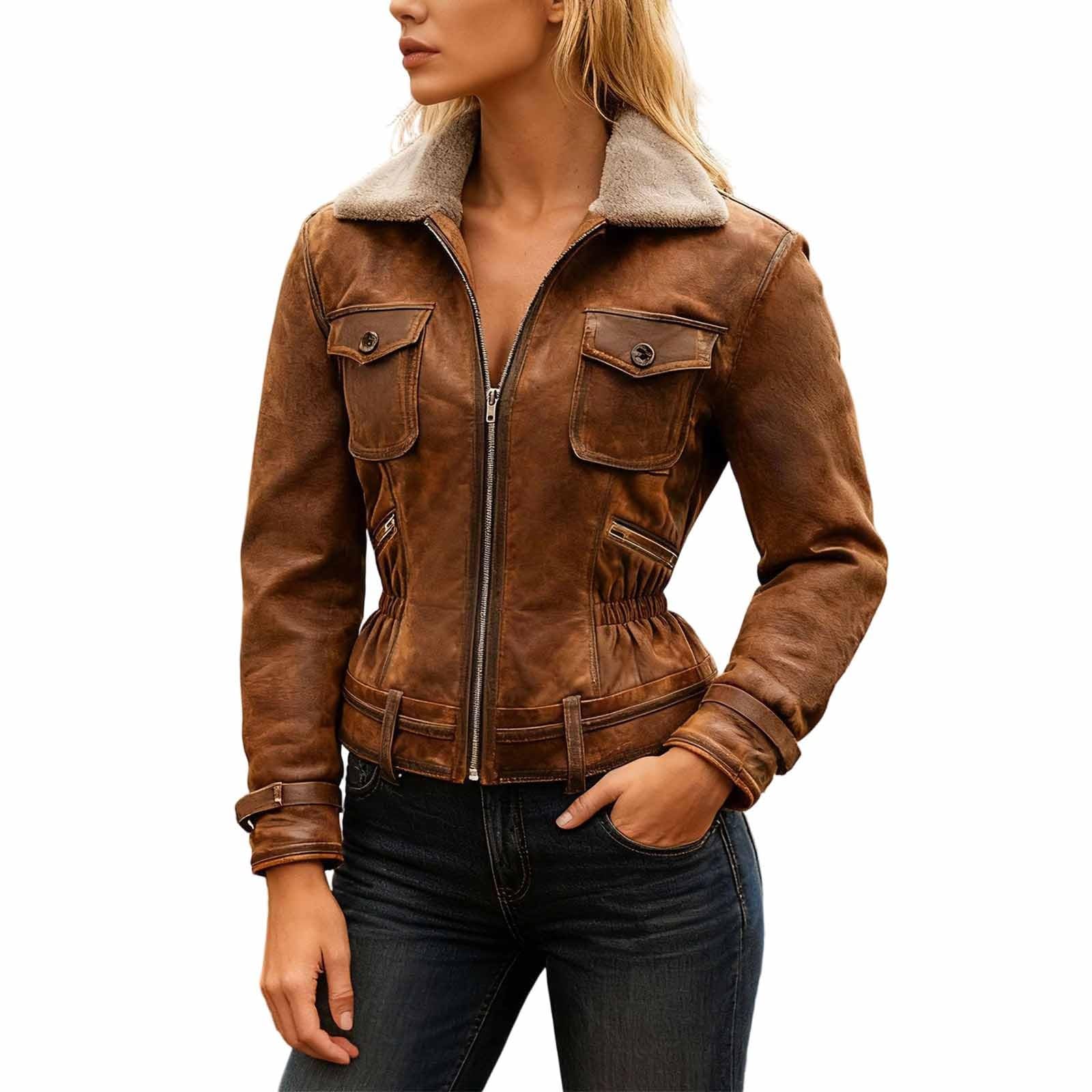 Generisch Giacca in pelle da donna con fodera interna in ecopelle, foderata, calda, vintage, colletto in pelliccia sintetica, cappotto in pile, per motociclisti, risvolti, slim fit, bomber fashion