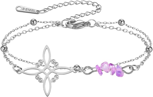 Dreamtimes Amethyst Bracelet Elegant Witchs Knot Bracelet for Women Stainless Steel Witchcraft Chain Bracelets Natural Purple Irregular Beads Bracelets Wiccan Positive Energy Jewelry