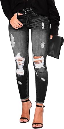 KUNMI Womens Ripped Skinny Slim Fit Jeans Frayed Distressed Stretchy Denim Pants