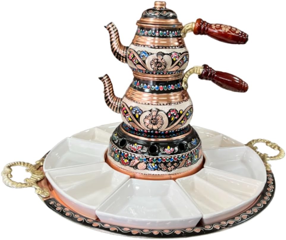 El İşçiliği Osmanlı Desenli Bakır Çaydanlık Takımı, Kahvaltı Sunum Tepsisi, Geleneksel Türk Kahvaltı Servis Seti (Bakır, 35 * 40 * 45)