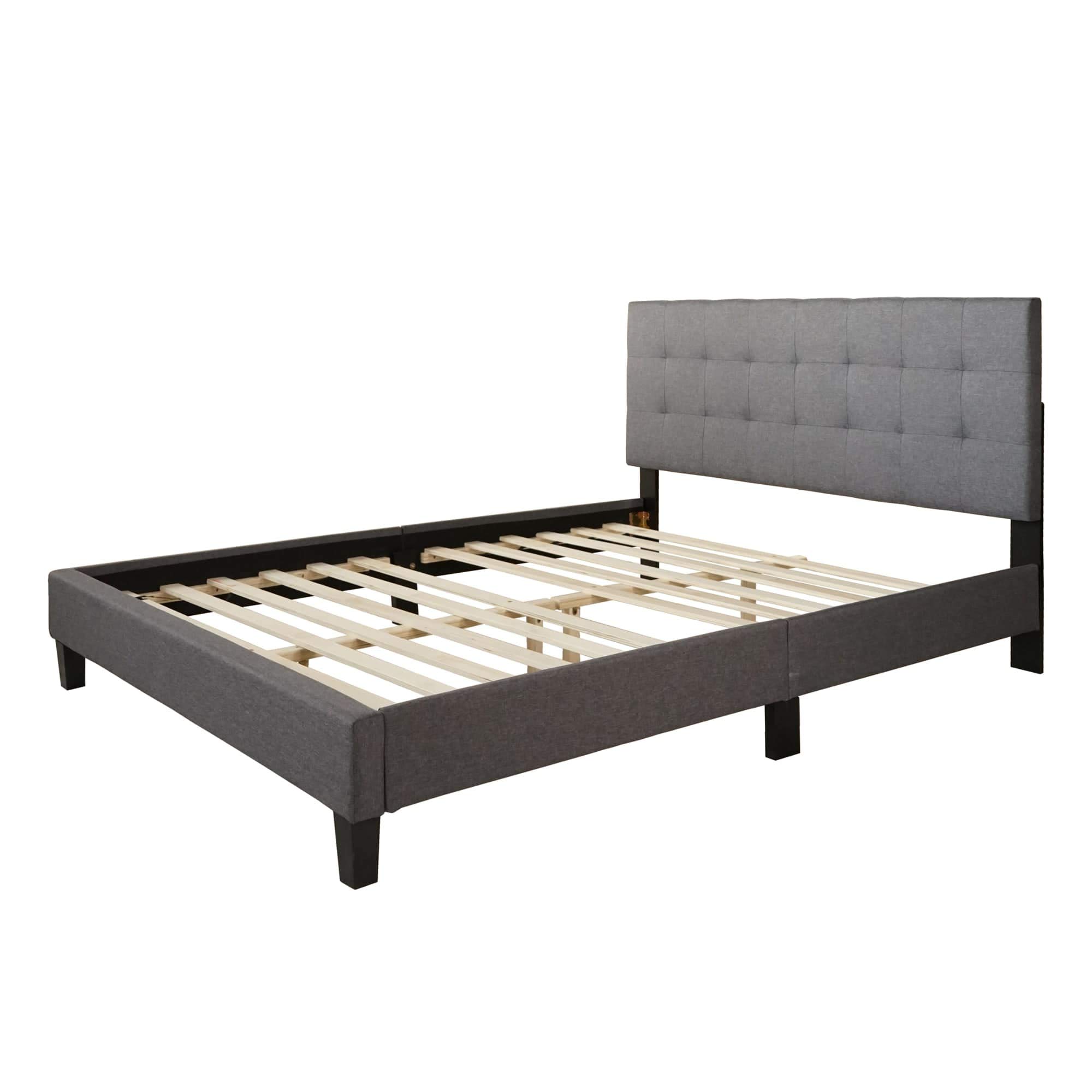 Full 32" Tall Size Upholstered Platform Bed Frame and Grey Tufted Panel Headboard with Mattress Foundation and Solid Wood Slat