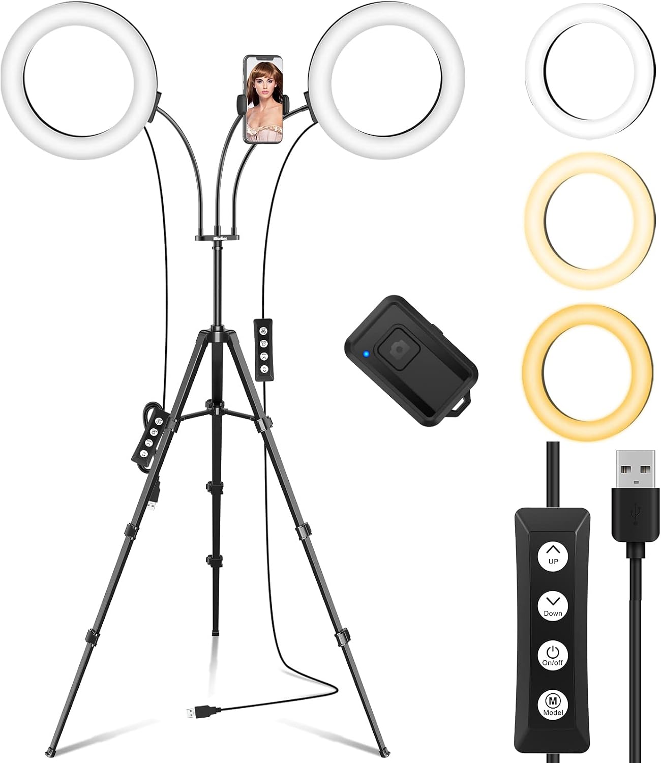 Dual 8" Ring Light with Stand and 2 Phone Holders (Equals One 14" Ring Light), LED Light Ring for Vlog/Makeup/YouTube/Video Shooting, 2 Adapters & Remote, Compatible with iPhone & Android