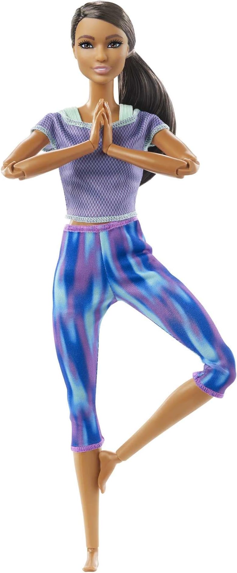 Made to Move Doll with 22 Flexible Joints & Curly Brunette Ponytail Wearing Athleisure-wear for Kids 3 to 7 Years Old, GXF06, Blue, Purple