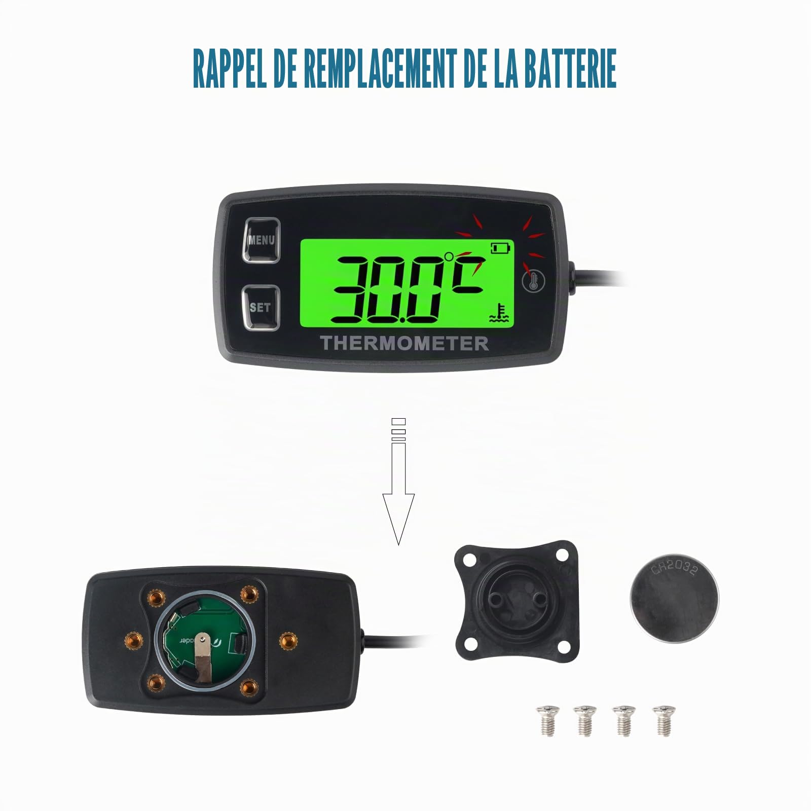 Jauge de température du moteur LCD numérique Runleader, alerte de surchauffe, rétroéclairage vert, batterie remplaçable pour moto générateur Dirtbike ATV hors-bord Motoneige marine