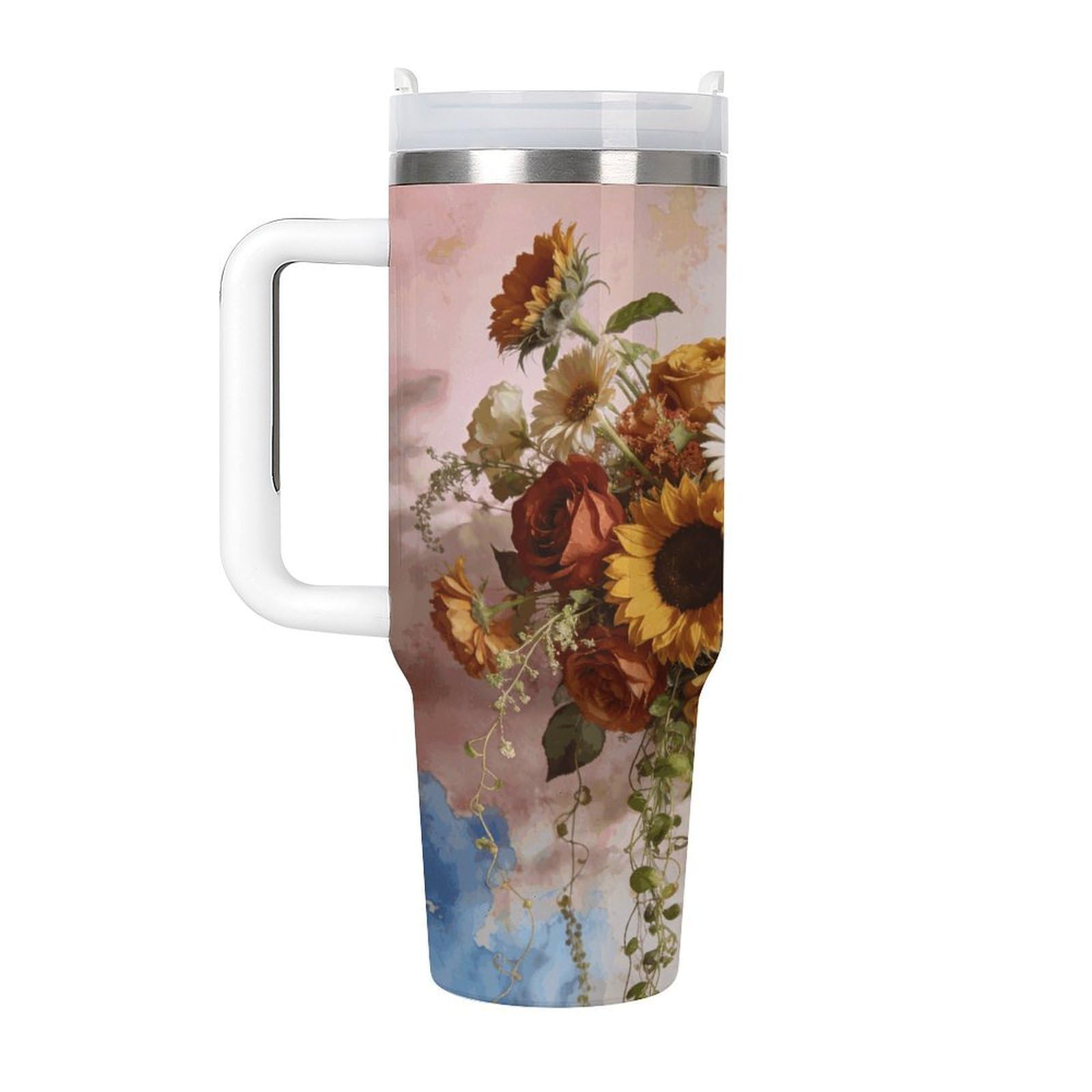 Vaso de café de viaje floral bohemio de acero inoxidable, taza de café con tapa y popote, taza con asa, gran capacidad, doble pared al vacío, taza térmica de café helado, 40 onzas