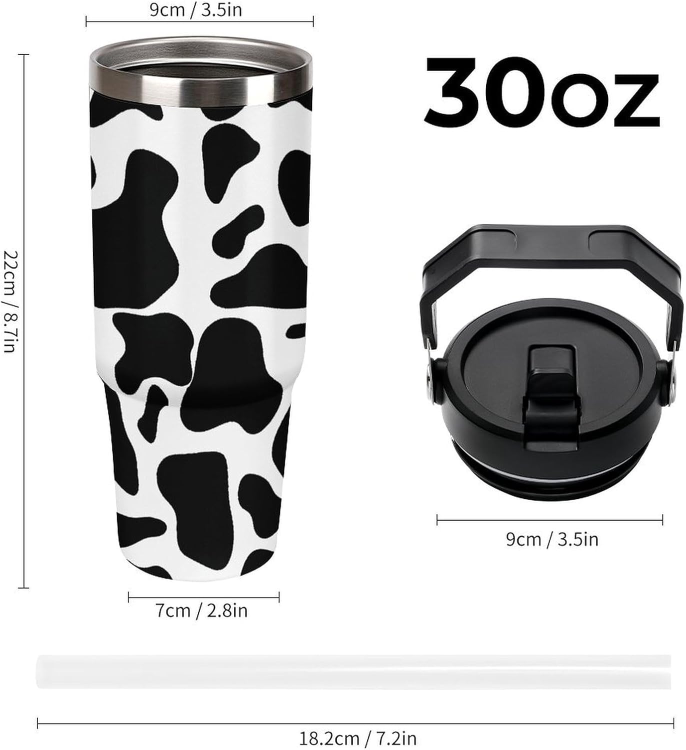 Cow Spot Water Bottle 30 Oz Fits Car Cup Holder,Insulated Coffee Mug Large Capacity Car Cups,Stainless Steel Double Wall Sport Bottle for Travel Sports Gym