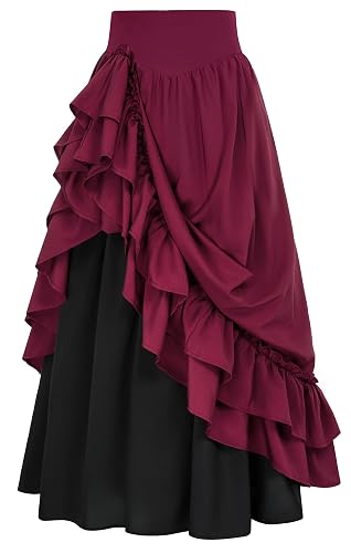 FEOYA Women Victorian Renaissance Long Skirt Layered Ruffle Medieval Skirt - Red - X-Large