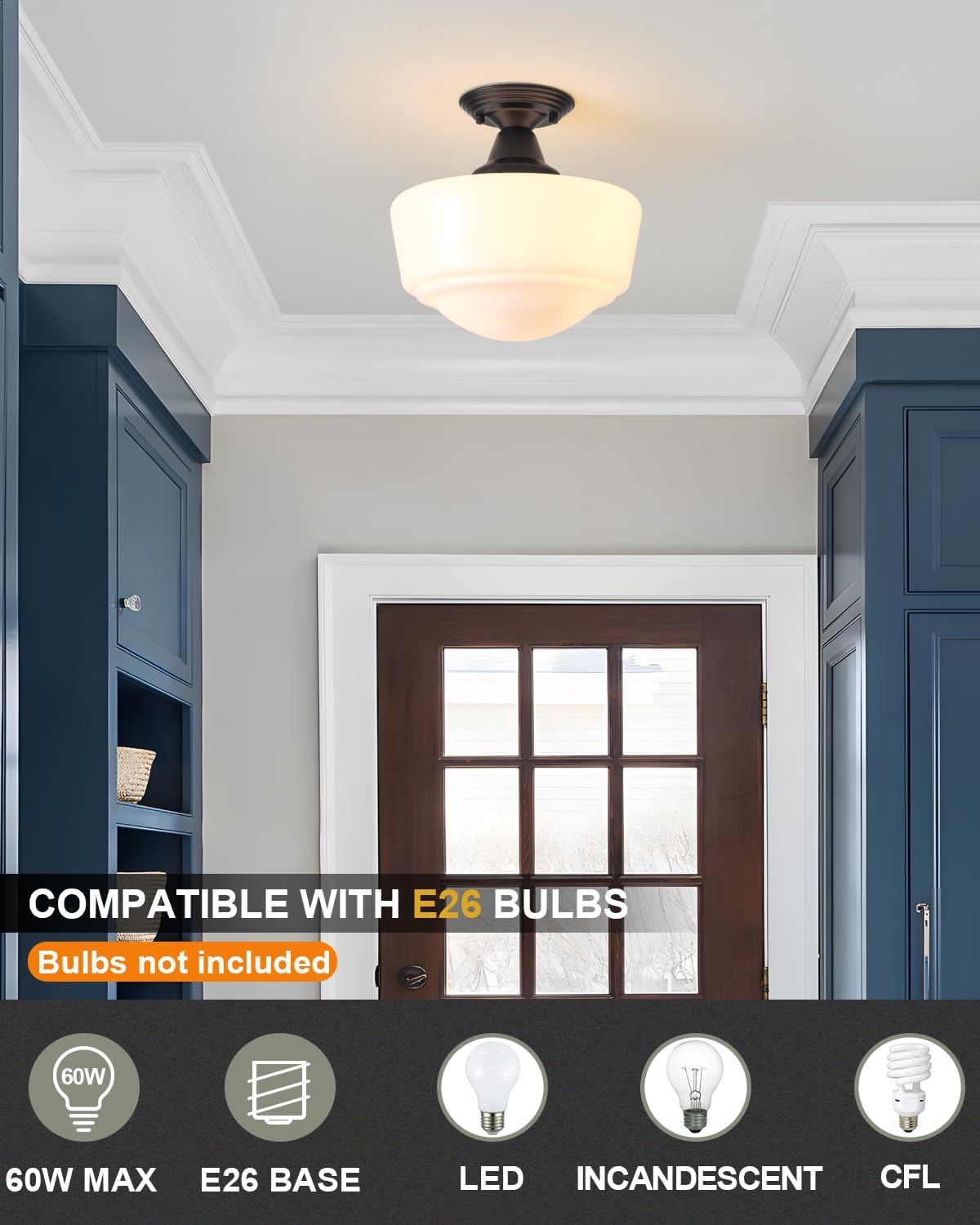 Schoolhouse Light Fixture, 12 Inch Black Finish with Milk Glass Semi Flush Mount Ceiling Light, Ceiling Light Fixture for Kitchen Hallway Entryway