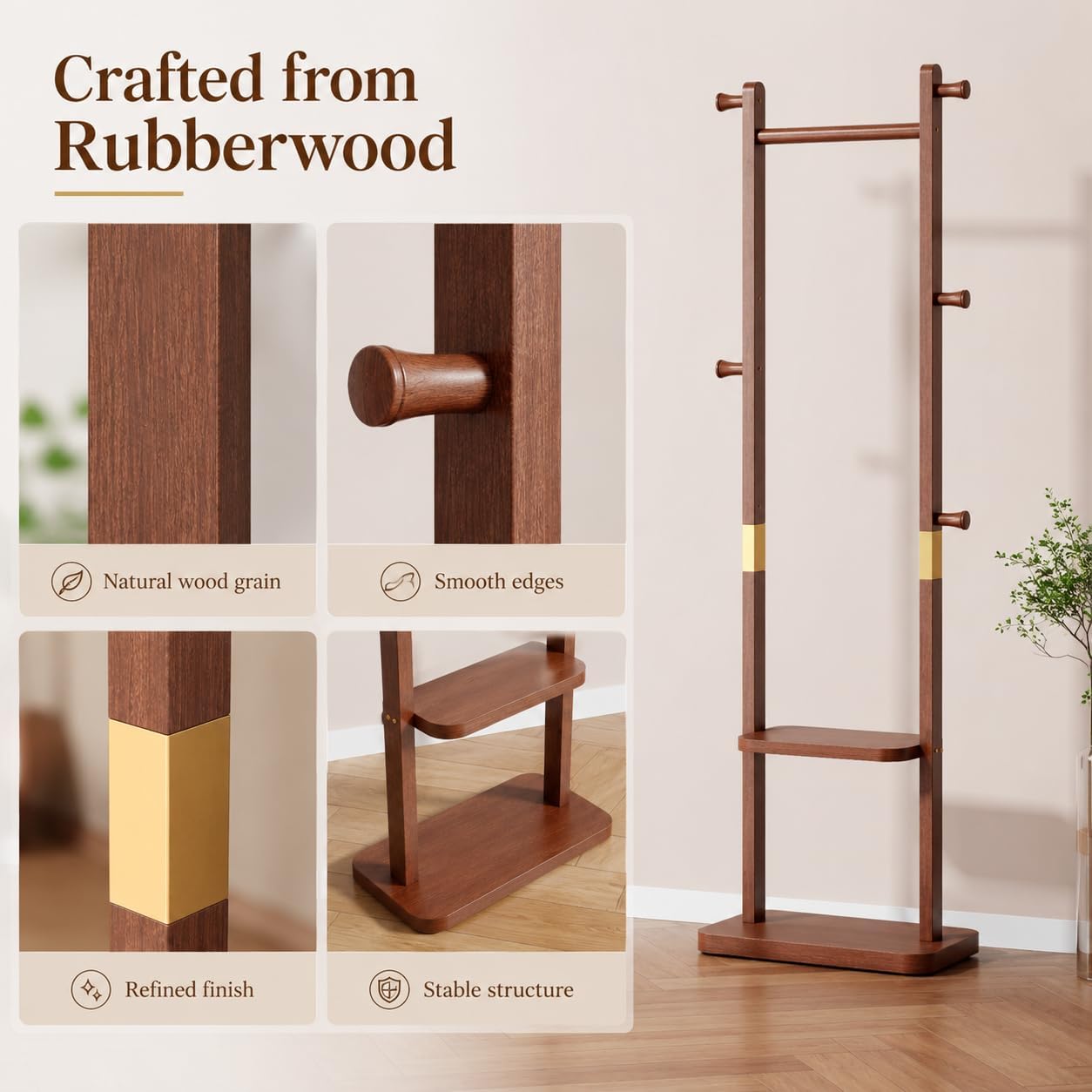 VetaDeMadera Slim Clothes Rack, Solid Wood Garment Rack for Small Spaces | Slim rubberwood clothes rack with 5 hooks and 2 shelves for bedroom storage, closets, and organized living spaces.