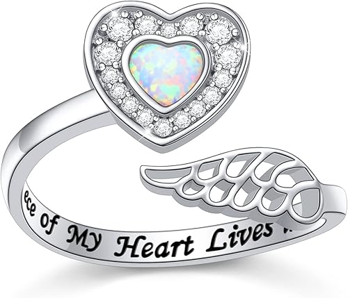 925 Sterling Silver Angel Wing Ring for Women Girls Memorial Jewelry Love Engraved Message Wrap Open Ring Lap Opal Heart Rings Adjustable Size